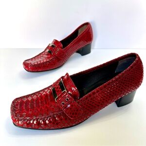 Stuart Weitzman 9 Red Snake Print Buckle Slip On Square Toe Heel Pump Loafers